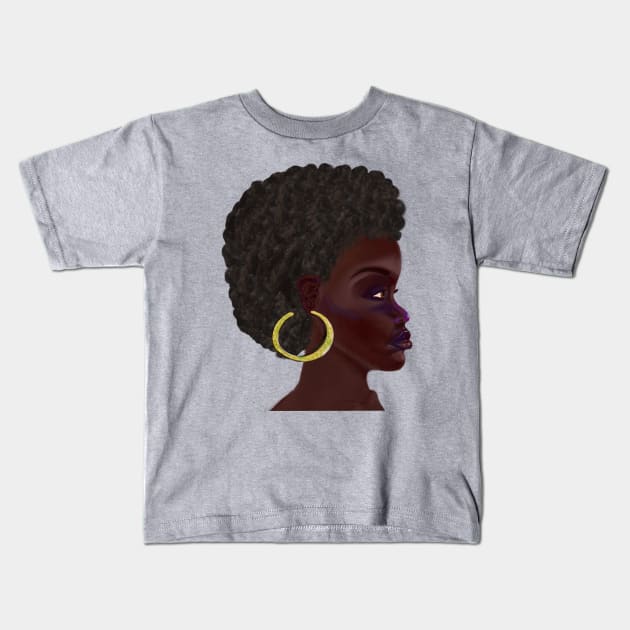 Afro queen II - Mahagony brown skin girl with thick glorious, curly Afro Hair and gold hoop earrings Kids T-Shirt by Artonmytee